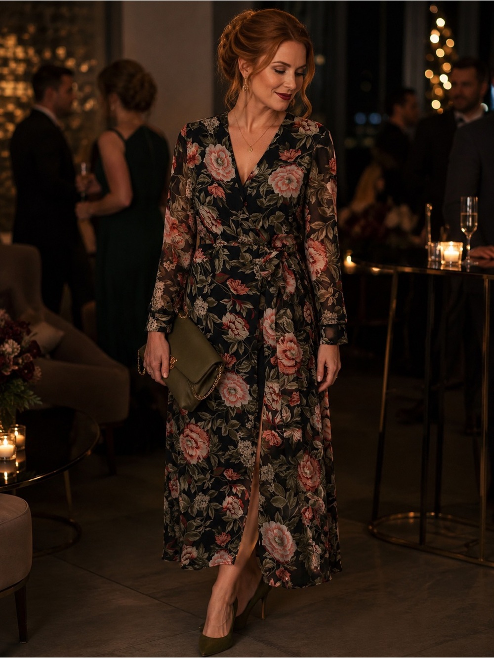 Suzy Shier Black Floral Long Sleeve Wrap Maxi Dress ptp 18 ?? Shoulder 15 .